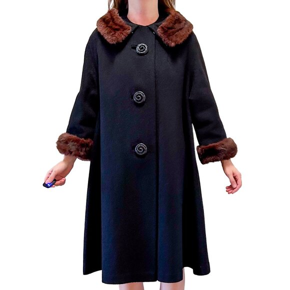 Vintage 60s Heavy Black Wool Swing Coat Real Fur Trim Glam Retro 1960s ILGWU - Picture 1 of 16